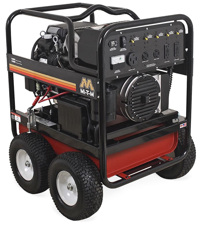 Weight 508 lbs
 	Max / cont. Wattage 14000 / 12000
 	Ac voltage 120 / 240
 	Dimensions 32”l x 31”w x 38”h
 	Fuel cap. 13.2 gal
 	Max / cont. Amps (120/240) (116.7a/58.3a) / (100a/50a)