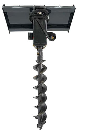 Hydraulic auger attachment
 	Mounts on front of skid steer
 	Universal hydraulic fittings
 	Bits available in sizes 9” – 36”